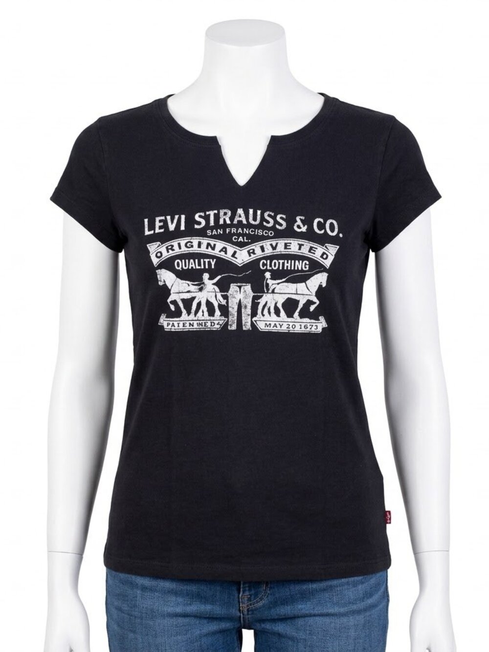 Levis Womens Medium T-Shirt Black Graphic Tee Logo Notch Neck